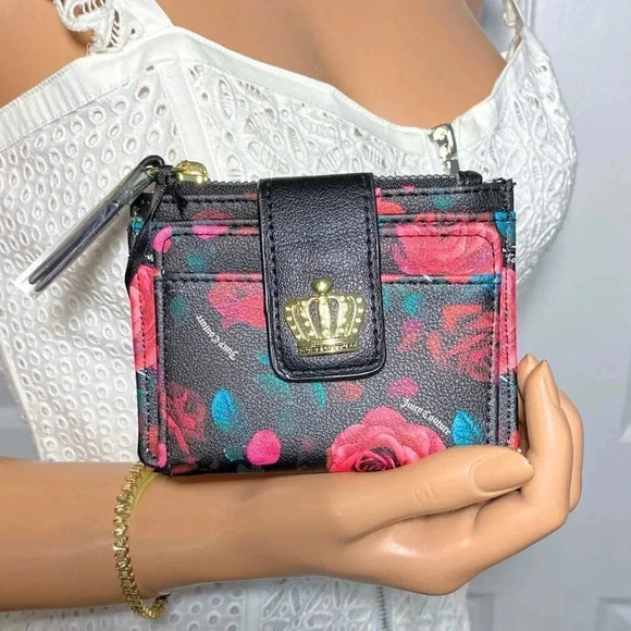 Juicy Couture Black Floral Card Case Tab Wallet - Picture 4 of 8